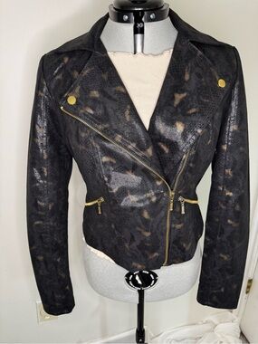 Rock & Republic Black Faux Leather Moto Jacket with Gold Hardware